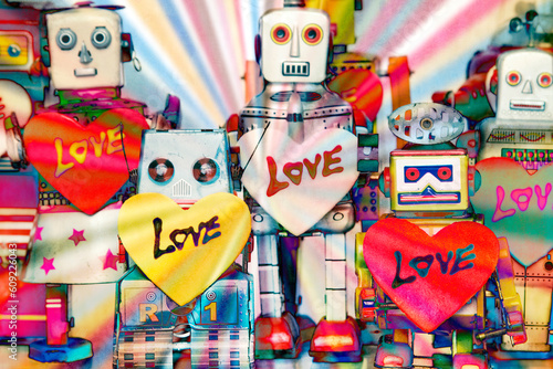  a group of robots with love hearts and a rainbow background