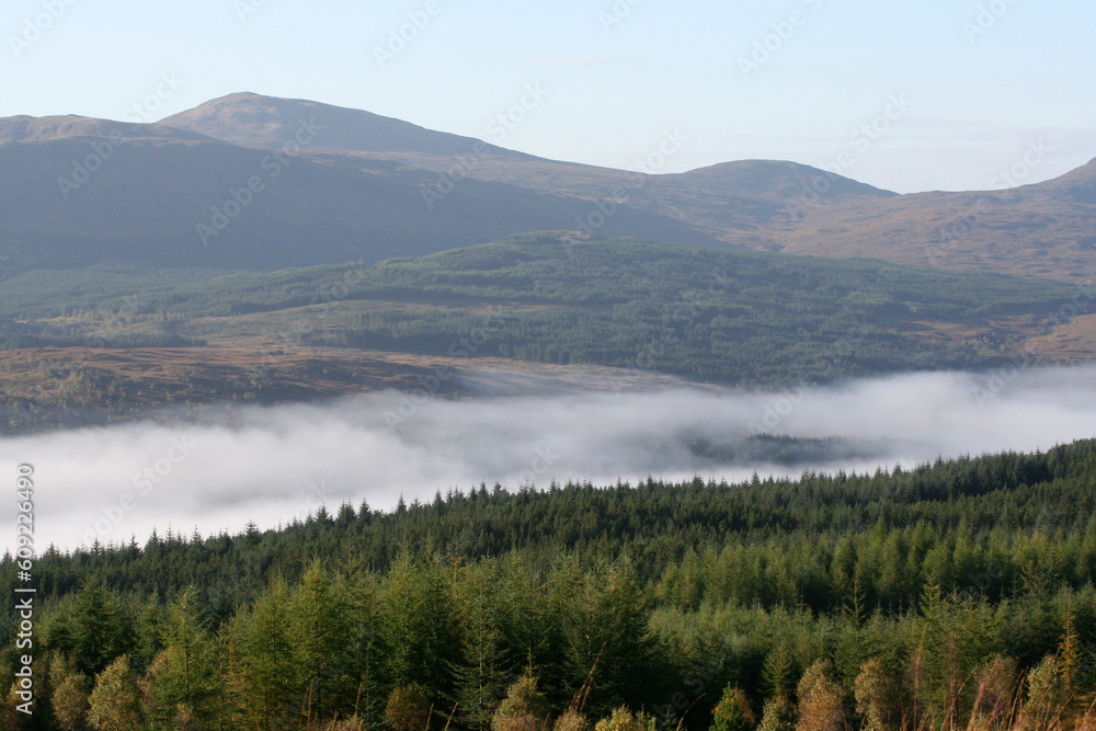 A low lying mist in a vally somewhere between Fort William and Skye.  The Mist is seperating two armys of pine trees.