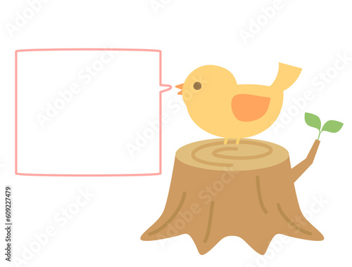 吹き出しと切り株の上にとまっている鳥のイラスト