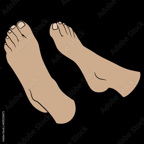 Barefoot feet of a lying woman. Pedicure toenail template. Cartoon style. On black background.