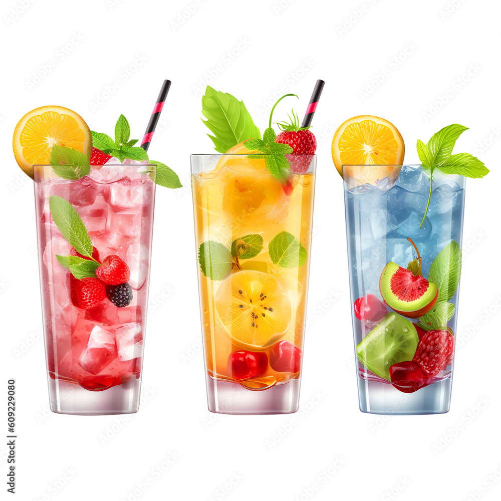Summer cocktails with fruits ice created with Generative AI Summer cocktails with fruits ice created with Generative AI