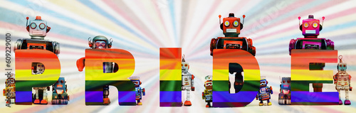 the word PRIDE with retro bots and a rainbow background