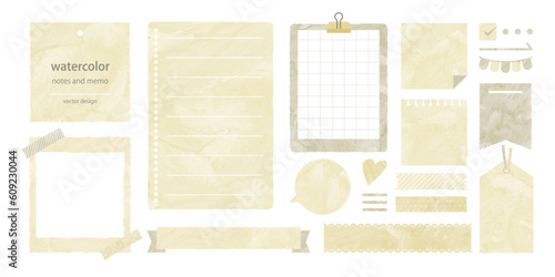 水彩風 メモ ノート くすみカラー ベージュ ベクター デザイン ひとそろい 素材
