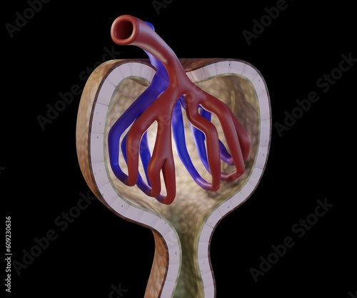 The blood travels from the afferent arterioles to the glomerulus 3d rendering photo