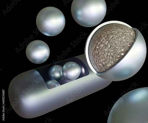 carrier or delivery system with polymer matrix with agent inside of nanosphere 3d rendering  photo