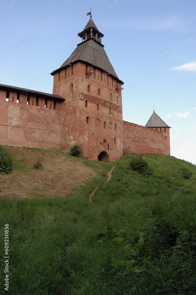Tower of Kremlin and in Velikiy Novgorod, view from defence ditch