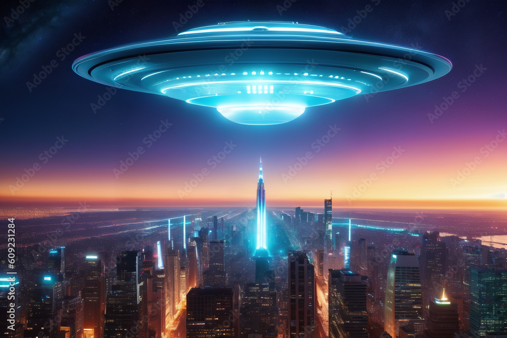 Futuristic image of UFO over night city, epic science fiction scene, alien ship and night lights. Futuristic, alien, night concept created with generative AI.