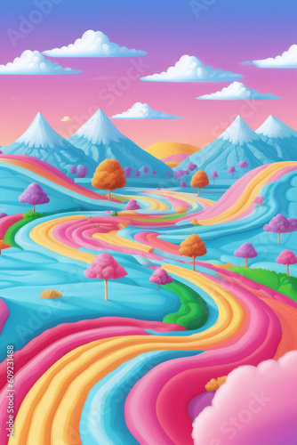 A dreamy landscape of pastel colors, with candy-inspired shapes and fluffy clouds. An inviting and imaginative world of comfort and joy. Colorful, airy, fantasy concept created with generative AI.
