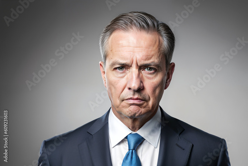 Professional suit-clad man exuding arrogance and doubt. Authority, skepticism, power concept created with generative AI.