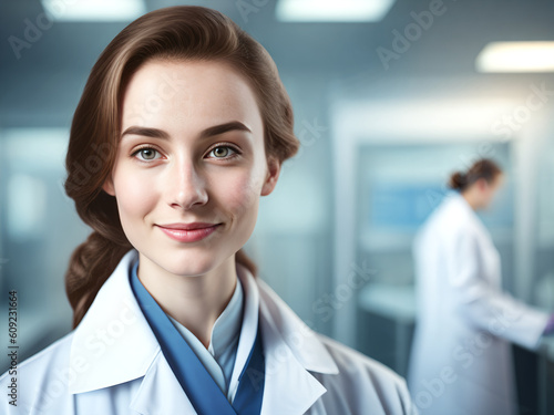 Smiling young Russian doctor in the lab. Medical, technology, woman concept created with generative AI. © ZNiCHKA Production