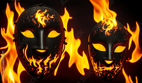Scary masks in flame in plain black background from Generative AI