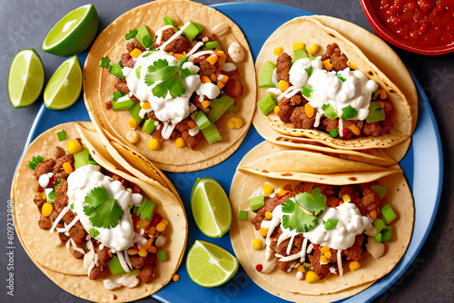 Mexican tacos with meat, vegetables and sour cream on dark background generative AI