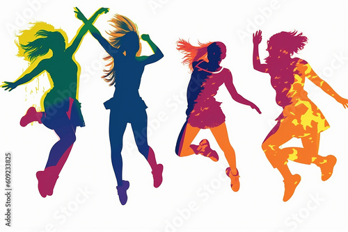 Multi coloured silhouettes of people jumping for joy against a white background. Generative AI.