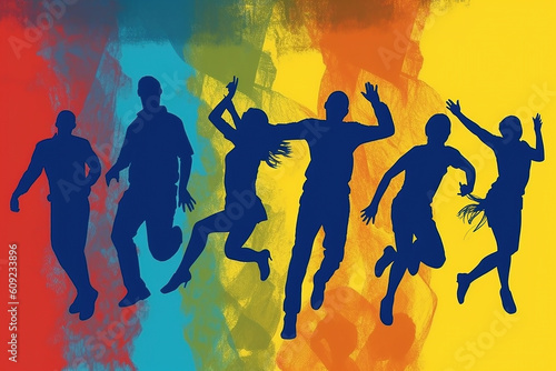 Silhouettes of people jumping for joy against a multi coloured background.  Generative AI. © Inge