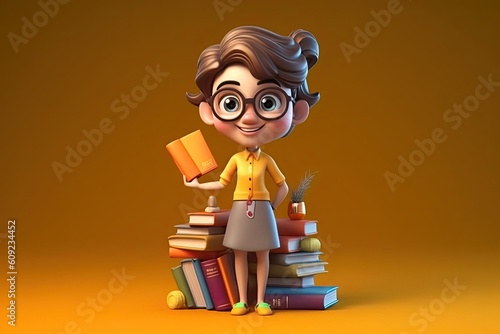 Caucasian Anime Female Librarian Very Happy Background Generative AI © Johnathan
