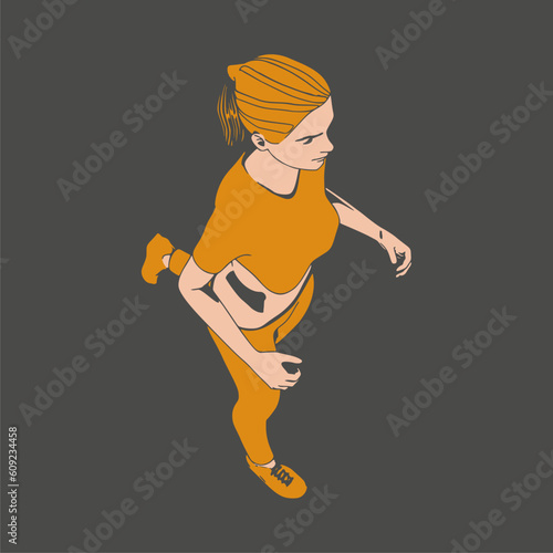 Running woman. Sport girl illustration. Casual sportwear - t-shirt, breeches and sneakers. Young woman wearing workout clothes. Sport fashion girl outline in urban casual style.