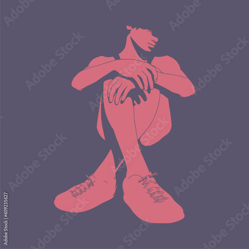 Unhappy woman sitting on floor and hug her knee, thinking about problems. Upset girl feeling lonely and sad, psychological and mental troubles. Suffering from bad relationship or break up