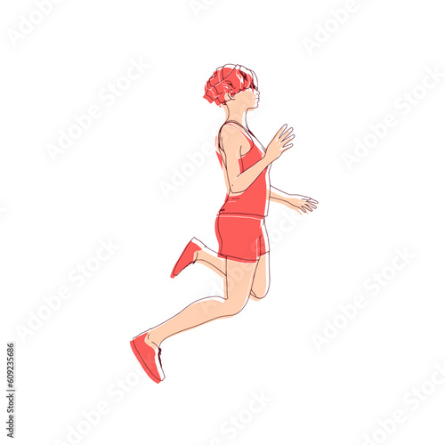 Jumping beautiful woman. Sport girl illustration. Young woman wearing workout clothes. Sport fashion girl outline in urban casual style.