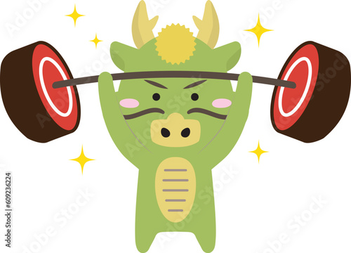 バーベルを持ち上げて重量挙げをする龍