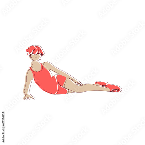 Lying woman. Sport girl illustration. Casual sportwear - t-shirt, breeches and sneakers. Young woman wearing workout clothes. Sport fashion girl outline in urban casual style.