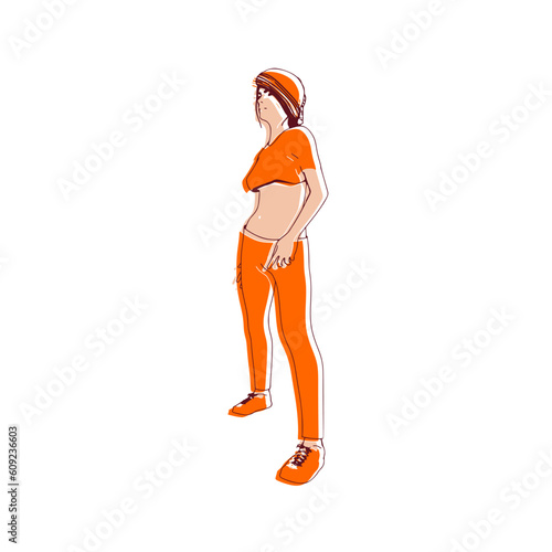 Standing woman. Sport girl illustration. Casual sportwear - t-shirt, breeches and sneakers. Young woman wearing workout clothes. Sport fashion girl outline in urban casual style.