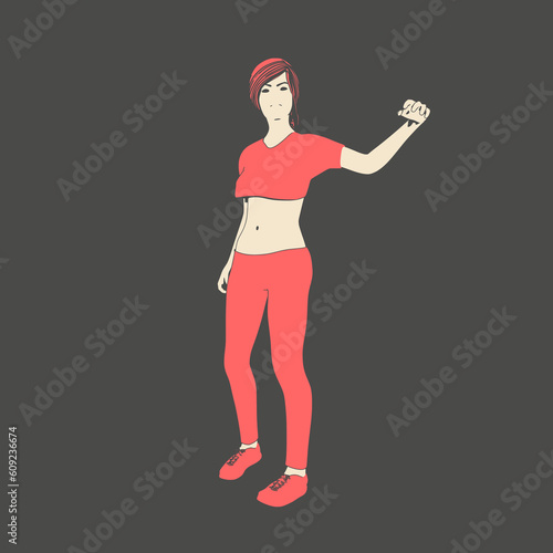 Standing woman. Sport girl illustration. Casual sportwear - t-shirt, breeches and sneakers. Young woman wearing workout clothes. Sport fashion girl outline in urban casual style.