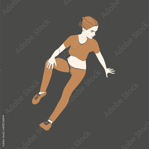 Sitting woman. Sport girl illustration. Casual sportwear - t-shirt, breeches and sneakers. Young woman wearing workout clothes. Sport fashion girl outline in urban casual style.