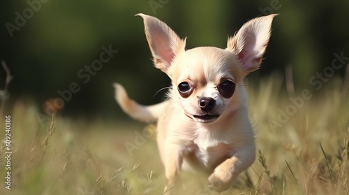 Adorable chihuahua Frolicking Outdoors in the grass with the cute look, generative ai © Saurav