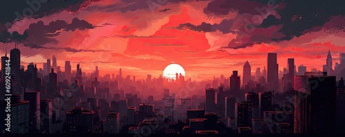 Cyberpunk city skyline at twilight