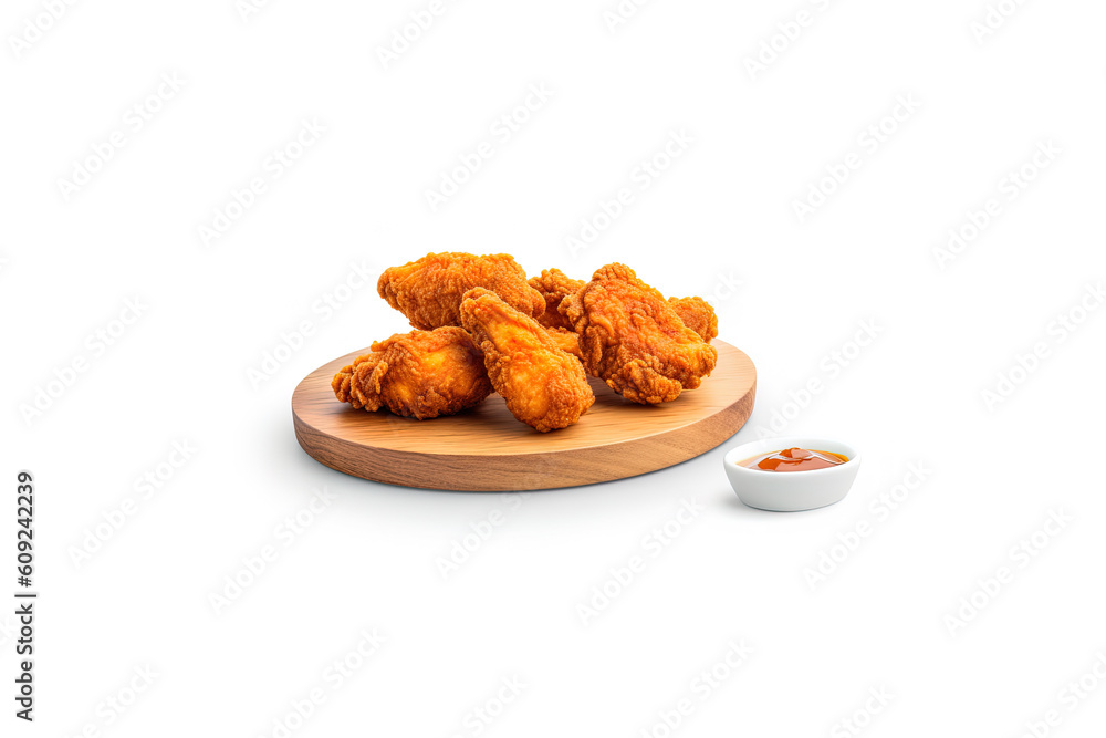 Crispy delicious fried chicken with sauce on a round wooden board isolated on white background. Created with Generative AI Technology Crispy delicious fried chicken with sauce on a round wooden board isolated on white background. Created with Generative AI Technology