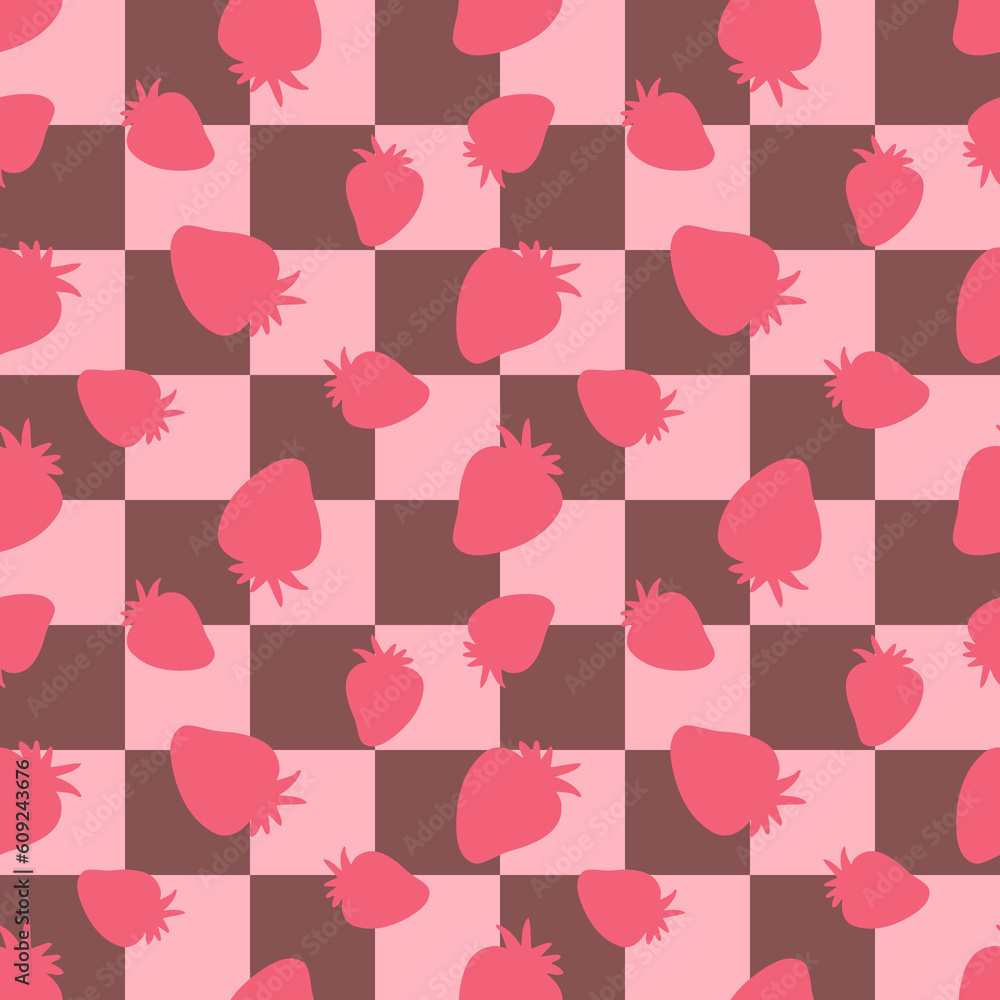 Simple summer strawberries silhouette seamless pattern on checkerboard background. Hippie aesthetic print for fabric, paper, T-shirt. Hand drawn illustration for decor and design.