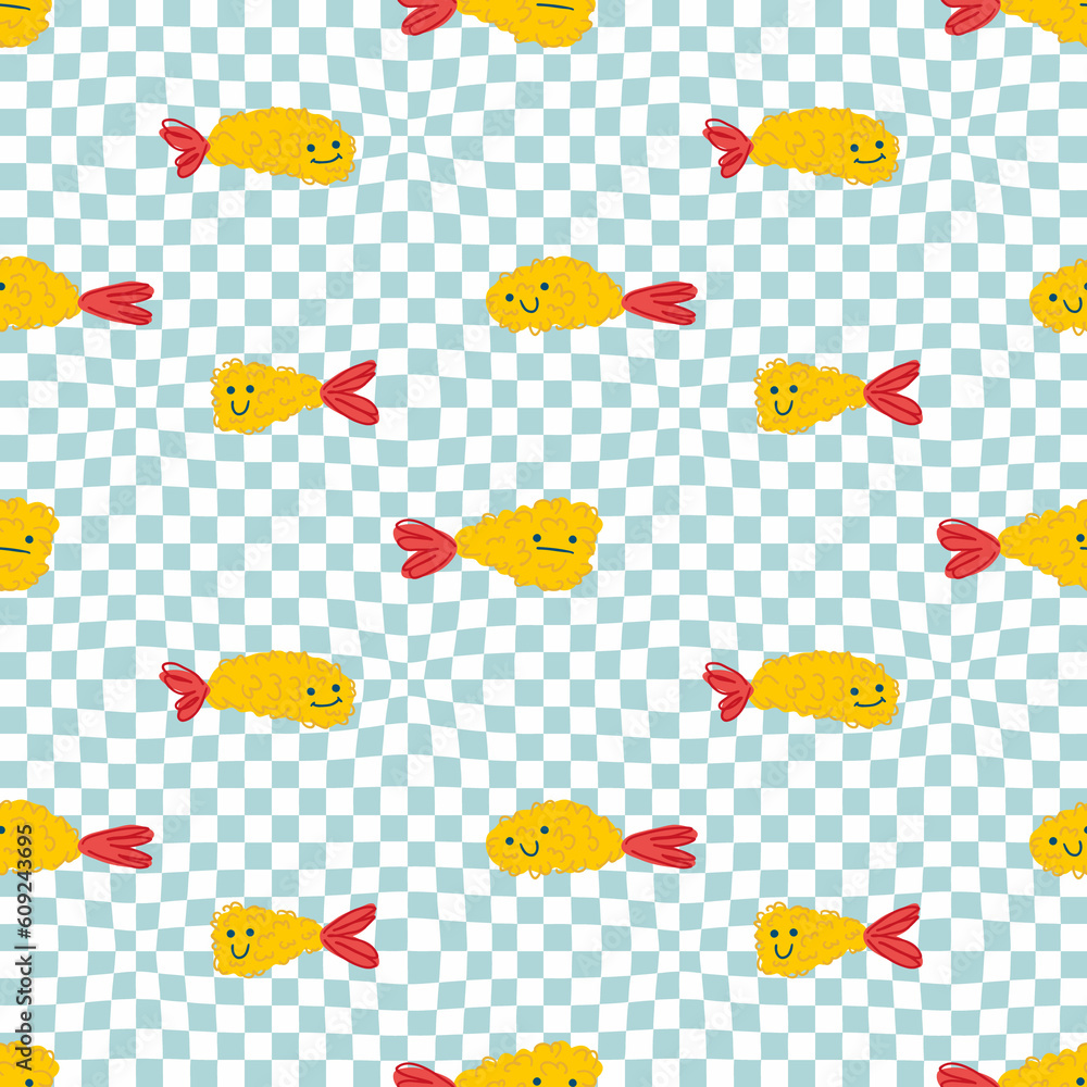 Ebi furai prawn tempura seamless pattern on trippy grid background. Perfect print for tee, paper, textile and fabric. Retro style illustration for decor and design. Ebi furai prawn tempura seamless pattern on trippy grid background. Perfect print for tee, paper, textile and fabric. Retro style illustration for decor and design.
