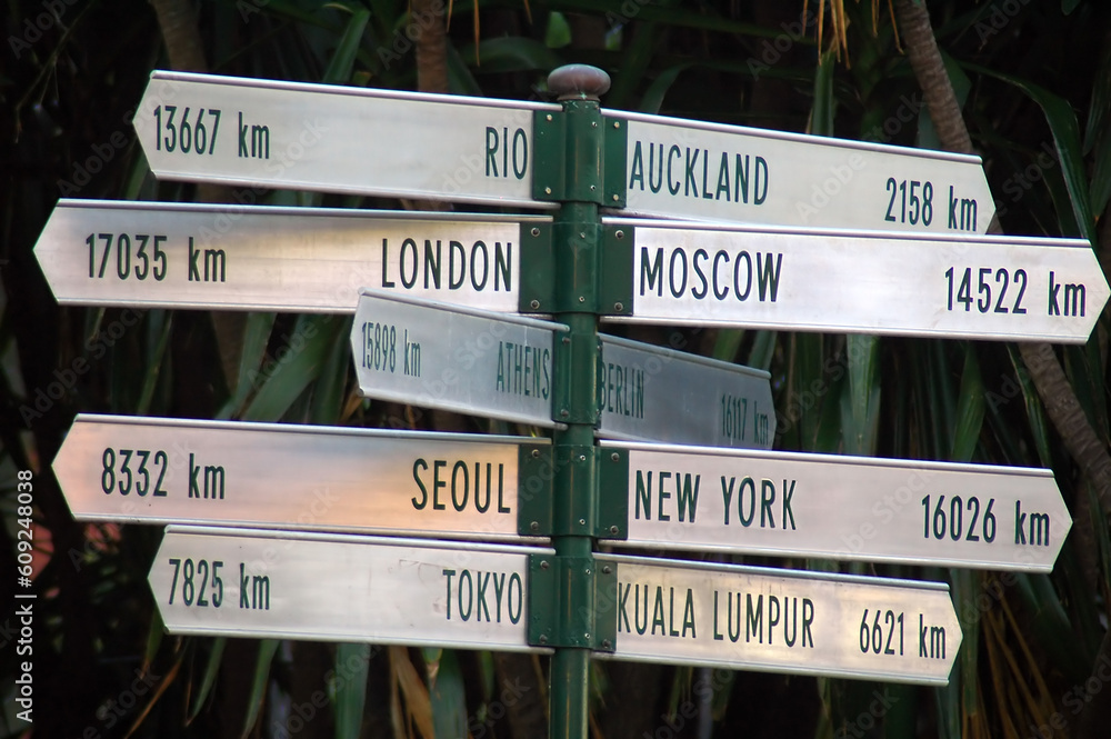 Fototapeta premium destination signs to several famous cities, photo taken in Australia