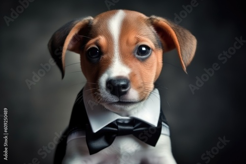 an adorable puppy wearing a stylish black and white bow tie Generative AI © AkuAku