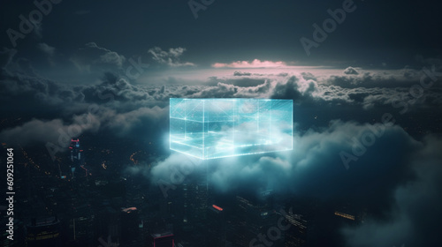 futuristic hologram seamlessly blending into the cloud-filled sky. The hologram symbolizes the integration of digital technology and the vast potential of cloud computing, Generative AI