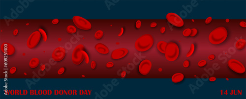 Red blood cells pattern with wording of world bloods donor day on navy blue background. Poster's campaign of world blood donor day in vector design.