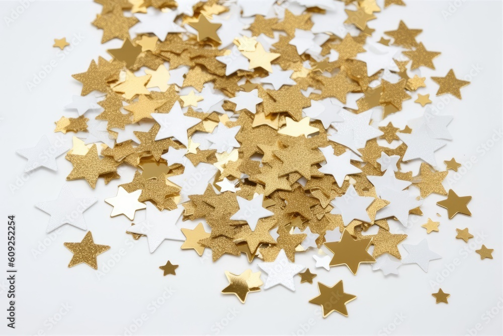 pile of golden and white stars on a plain white background Generative AI pile of golden and white stars on a plain white background Generative AI