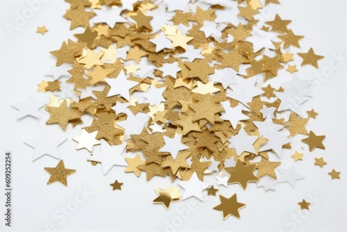 pile of golden and white stars on a plain white background Generative AI