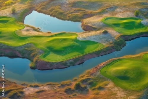 an elevated view of a golf course featuring a water hazard Generative AI