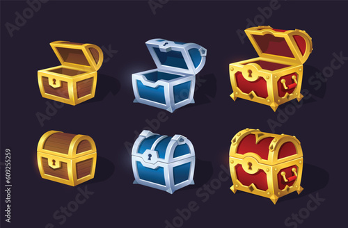 Vector cartoon style illustration of treasure chest for animation. three levels of Open and closed antique box. Locked and Empty. Game user interface (GUI) element for video games, computer or web des