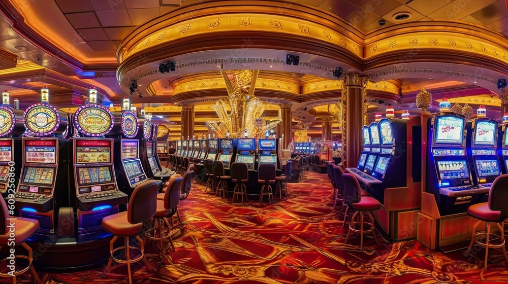 Interior of a hotel casino. Gambling slot machines, poker, and blackjack. Craps and betting on the Las Vegas strip