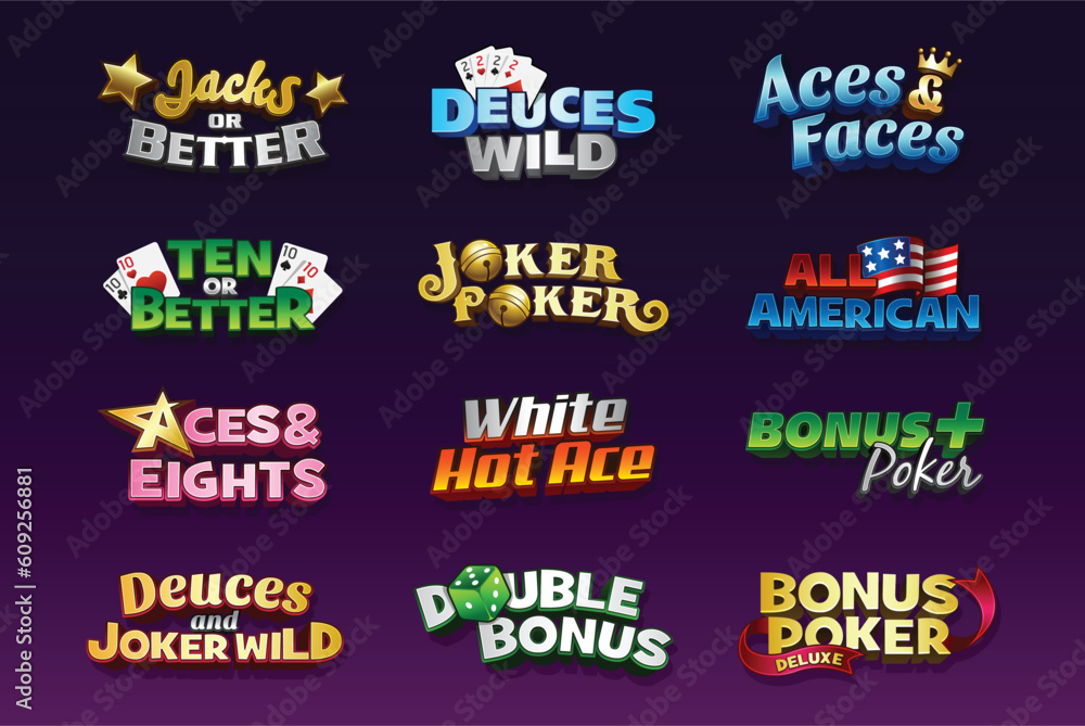 Video poker casino game logo, poker card game, jacks or better, deuces wild, aces and faces, ten or better, joker poker, double bonus