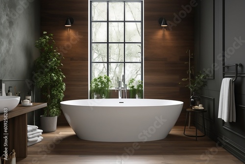 A freestanding bath in a modern bathroom with lights Interior design 