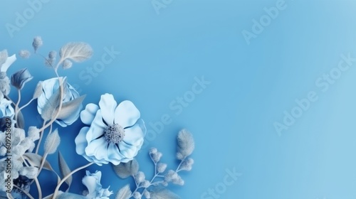 Floral vintage card with flowers. delicate flowers on blue background. Template for design of wedding invitations, holiday greetings, business card, decoration packaging. Generative AI