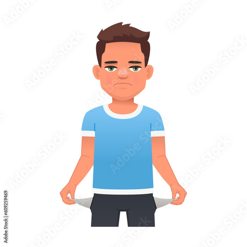 Little child with empty pockets. A boy without money. No money. A guy with his pockets turned out.