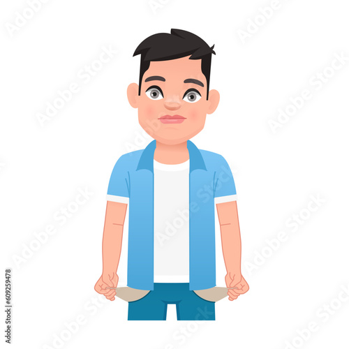 A sad, surprised child with empty pockets. A little boy with no money. No money. A guy with his pockets turned out.