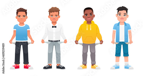 A set of little children with empty pockets. Boys without money. No money. A guy with his pockets turned out.
