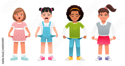 A set of little children with empty pockets. Girls without money. No money. Girls with their pockets turned out.