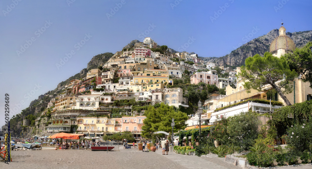 Positano city viewfrom the beach, on the Amalfi Coast of Italy