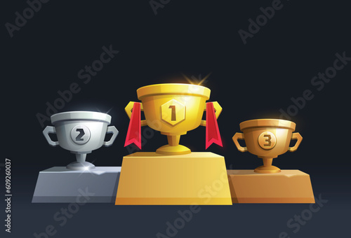 Winner podium with cup for the first, second and third place. Gold, silver, bronze trophies. Prize for champions. Handing awards to winner. trophy Vector illustration for game interface